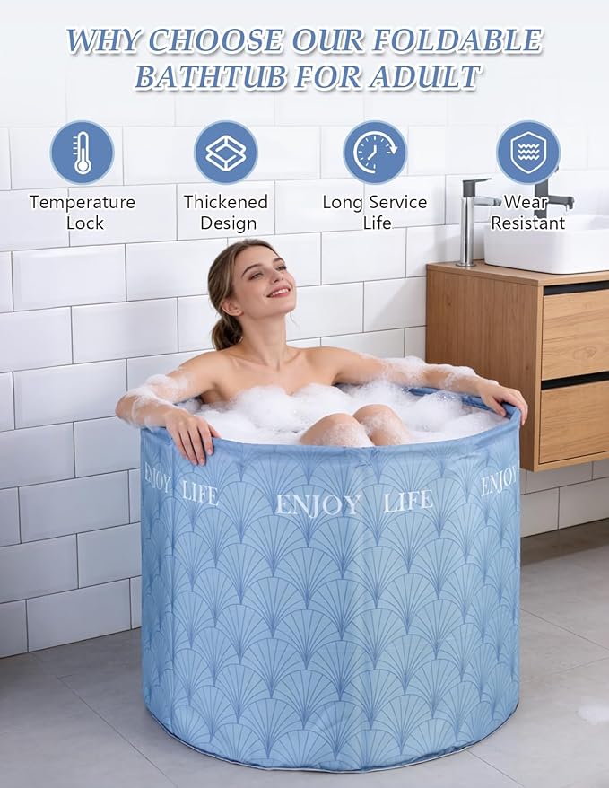Portable Bathtub for Adults, Collapsible Freestanding Bathtub for Shower, Hot Ice Bath Tubs with Thickened Thermal Foam to Keep Temperature, PVC Outdoor Soaking Tub (Blue)