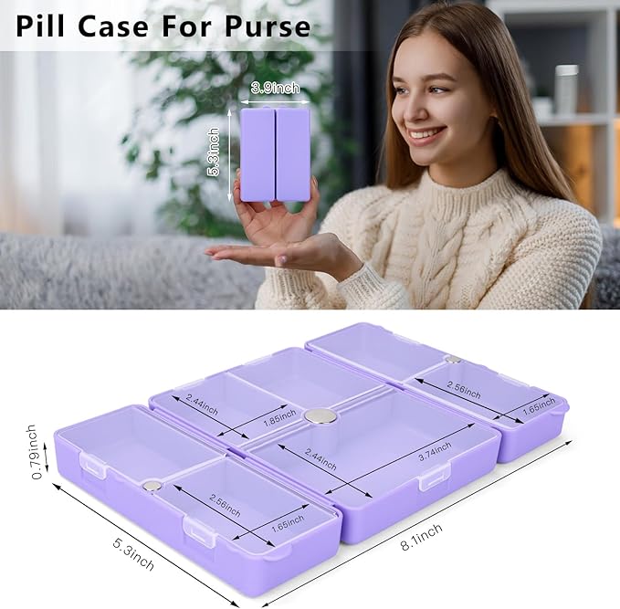 FYY Daily Pill Organizer,7 Compartments Portable Pill Case Travel Pill Organizer,[Folding Design] Large Pill Box for Purse Pocket to Hold Vitamins,Cod Liver Oil,Supplements and Medication-Purple
