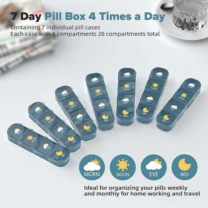 Pill Organizer 7 Day, Weekly Pill Box, Pill Case Large 28 Compartment, Portable Daily Medicine Container (Blue) (Blue, Large)