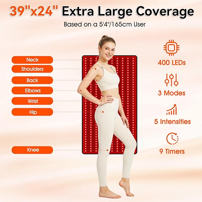 Red Light Therapy Mat for Body, Large 39"x24" Infrared Light Pad with 400 LEDs Tri-Chip 660nm & 850nm, Red Light Blanket for Back Belly Muscle Knee Joints, 10Hz/40Hz Pulsing, 9 Timer, Max 60W
