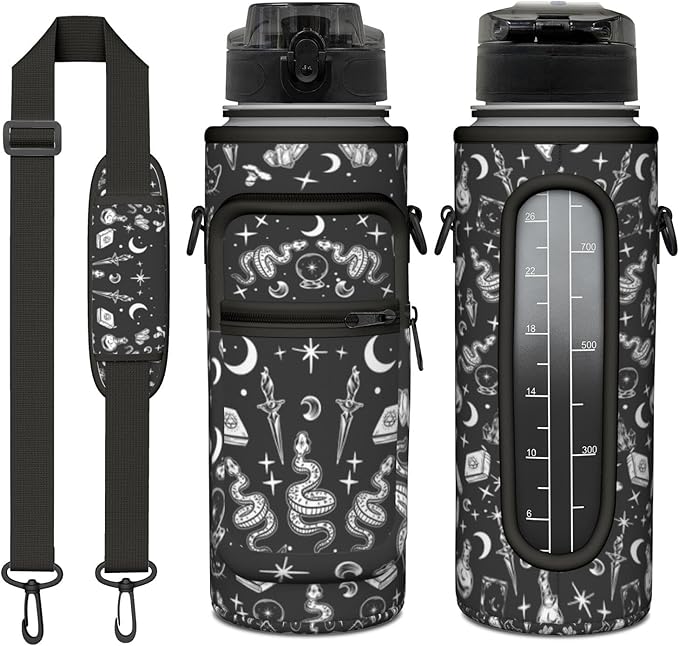 Goth Moon Half Gallon Water Bottle with Sleeve 32 OZ - Flip Top Bpa Free - Motivational Time Marker Leakproof Water Jug - Unique Witchy Goth Gifts - Halloween Spooky for Gifts