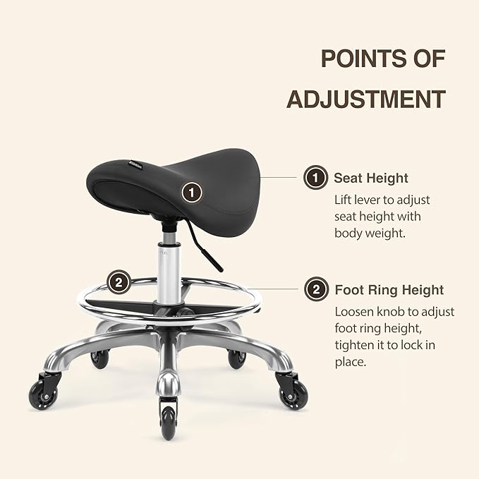 Ergonomic Saddle Stool, Adjustable Pneumatic Swivel Rolling Saddle Seat with Wheels for Hygienic, SPA, Salon, Home and Office, Haku 506 Series