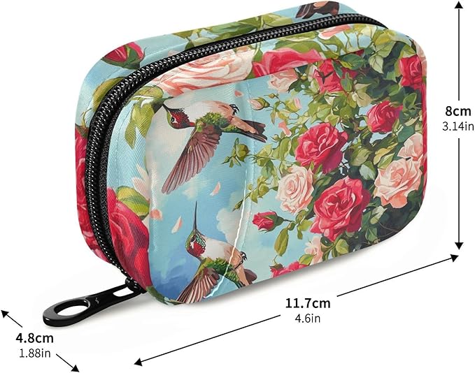 Cartoon July 4th Red Roses and Hummingbirds Travel Pill Organizer Weekly Small (Cute) Pill Box 7 Day Pill Case Vitamin Holder Pill Bottle Organizer