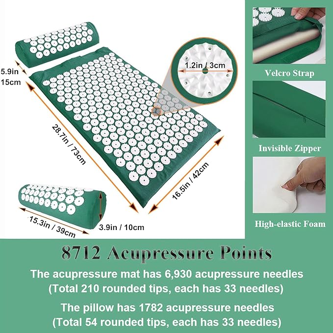 Acupressure Mat and Pillow Set with Bag - Large Size 28.7 X 16.5 inch Acupuncture Mat for Neck & Back Pain Relief- Naturally Relaxation Gift for Women - Stress Relief Massage Mat (Green)