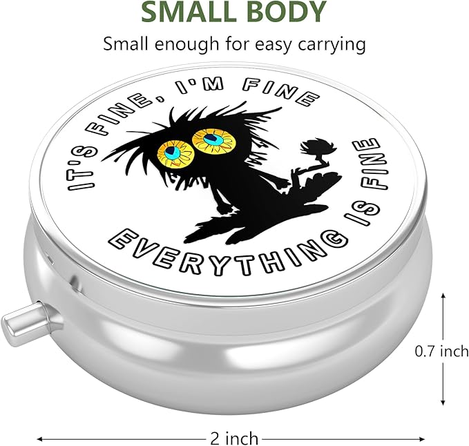 Nipichsha Pill Box, Small Pill Case for Purse & Pocket, Cute Travel Medicine Organizer, Portable Medicine Container Holder to Hold Vitamins, Medication, Fish Oil & Supplement, Funny Black Cat