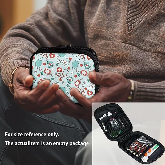 Medical Heart Print Travel Medicine Case Compact Travel Pill Organizer Box with Zipper Weekly Vitamin Storage Bag Mini Supplement Holder