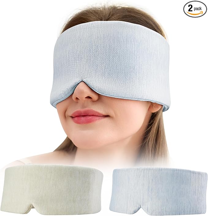 2 Pack Sleep Masks, Cooling Fabric Soothing Sleeping Mask for Side Sleeper, Large Size Adjustable Velcro Cool Eye Masks, No Gel, No Eye Cups, No Pressure (Khaki & Light Blue)