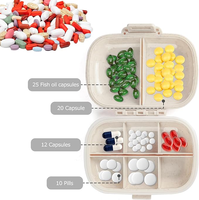 1Pack Travel Pill Organizer & 56 Medicine Name Stickers, 8 Compartments Portable Pill Case, Small Pill Box for Pocket Purse Portable Medicine Vitamin Container (Beige with Stickers)
