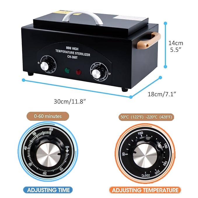 High Temperature Cleaning Box 300W 1.5L with Timer Dry Heat Sterilizer Cabinet Equipment with Stainless Tray For Nail Tool Spa Pedicure Hairdressing Metal Tools with Handle (Black#2)