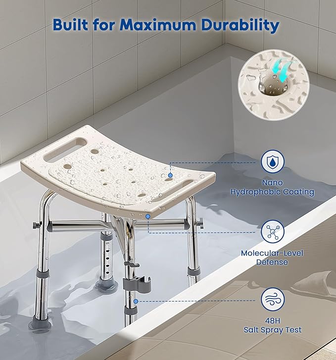 Shower Chair for Inside Shower, FSA/HSA Eligible 350lbs Heavy-Duty Bath Stool with Reinforced Crossbar, Padded Tub Seat, Adjustable Height for Elderly Disabled, Tool-Free Assembly, Rectangular