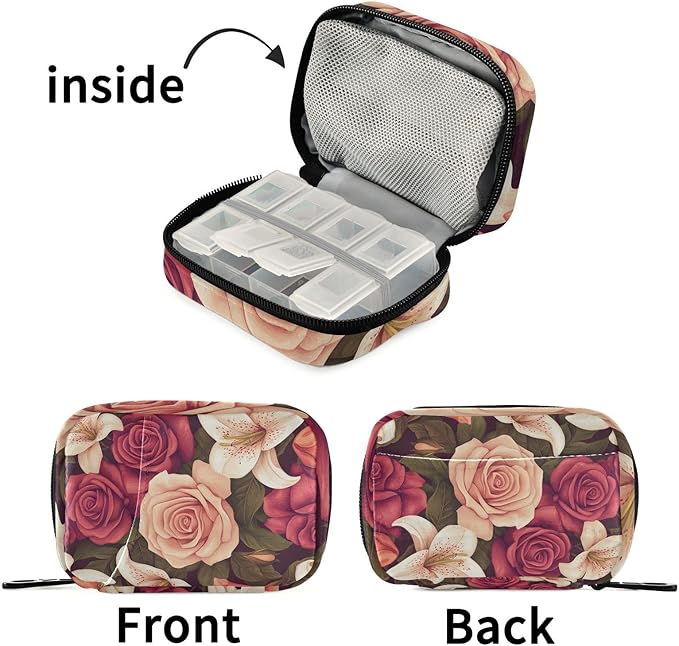 Roses and Lily Flowers Cute Pill Organizer Weekly Travel Pill Box 7 Day Large Capacity Pill Dispenser Case with 8 Pill Container Daily Pill Box Organizer Vitamin Holder Pill Bot