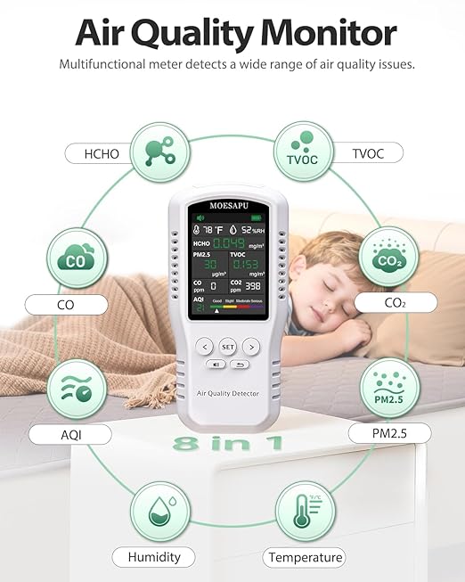 8-in-1 Air Quality Monitor, HCHO TVOC PM2.5 CO CO2 Detector, Formaldehyde Alarm, Particulate Matter Tester, Carbon Monoxide and Dioxide Meter, AQI with Temperature Humidity Reader in Home