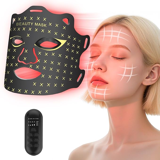Red Light Therapy for Face, Portable Led Face Mask Light Therapy with Rechargeable Remote, 7 Color Mode Red Light Therapy with 850nm NIR, Home Use Skin Care Device (Black)