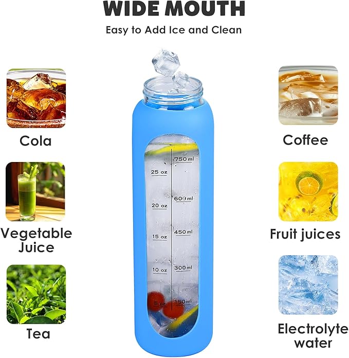 GIEMIT Glass Water Bottles 32oz with Silicone Sleeve Drinking Hydration Bottles Reusable Borosilicate Wide Mouth Motivational Water Flask Canteen with Time Marker Spout Lid and Brush (Blue)