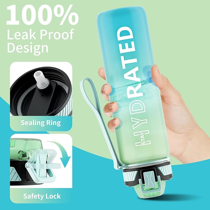 Water Bottle with Straw, 32oz Motivational Water Bottles with Time Marker to Drink, Tritan BPA Free, 1L Sports Water Bottle with Carry Strap LeakProof for Women Gym Fitness Outdoor (1 Pack)