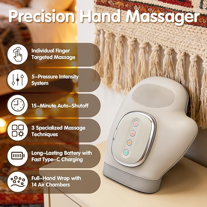 Hand Massagers, 3 Heat Settings & 5 Compression Levels Smart Hand Massager, 2000mAh Cordless with Soothing Warmth for Hand & Wrist Discomfort - Hand Massager with Heat and Compression