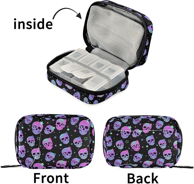 MNSRUU Pill Organizer Bag Weekly Pill Organizer Case Goth Stars Purple Skulls Portable Small Daily Pill Boxes for Vitamin Fish Oils Supplement Holder with Zipper Compact Size