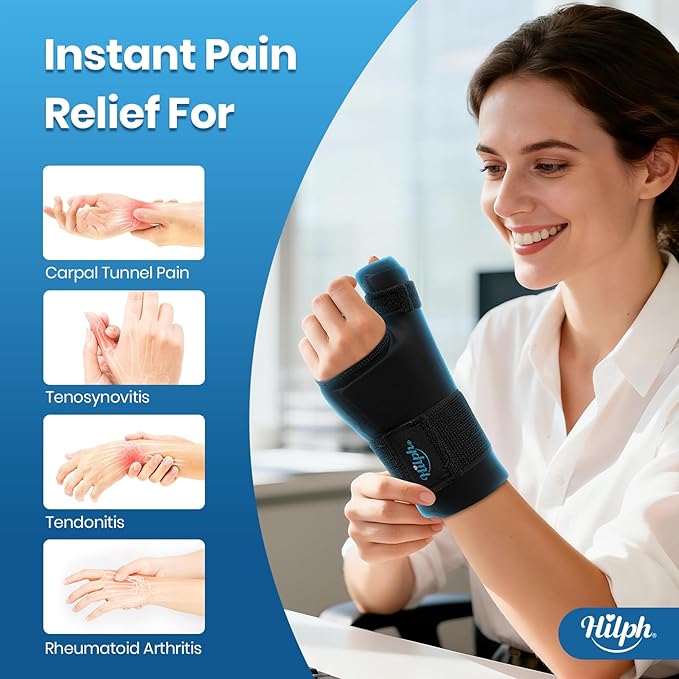 Hilph Thumb Wrist Ice Pack Wrap for Carpal Tunnel & Tenosynovitis with Thumb Splint Support, Soft Gel Wrist Ice Sleeve for Hand Hot Cold Therapy, Arthritis, Tendonitis, Mommy Wrist, Sports Injuries