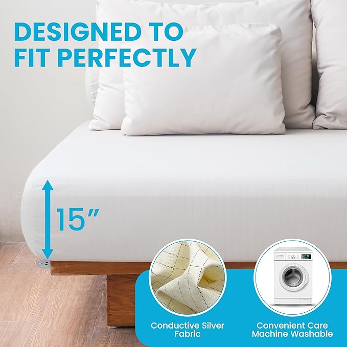 Bed Sheet, Grounding Sheet, Organic Cotton Fitted Earthing Sheet for Bed, 95% Organic Cotton, 5% Silver Fiber with 10m Grounding Cord & White US Socket Tester (Queen 60"x80"x15")