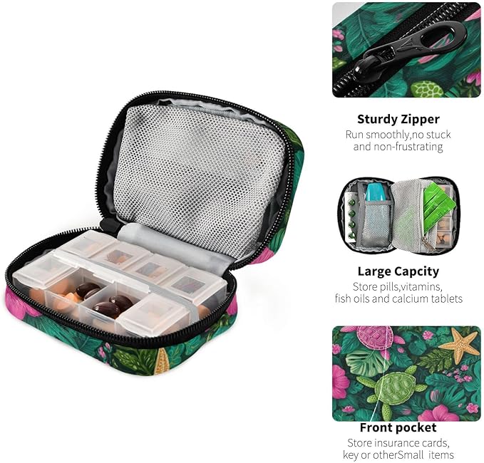 Turtles Starfish and Monstera Leaves Travel Pill Organizer Case Box Container Weekly Portable Vitamin Medicine Holder Storage Bag with Zipper Removable