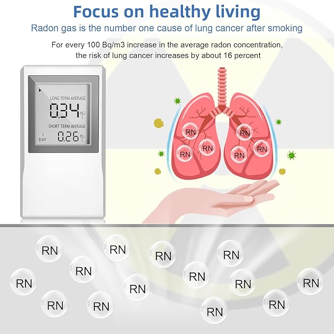 Radon Detector for Home with ±0.1 pCi/L Precision,Radon Meter,Real-Time Air Quality Monitoring,Long-Term & Short-Term Data,Portable Design & Extended Battery Life,Radon Detector for Home Basement
