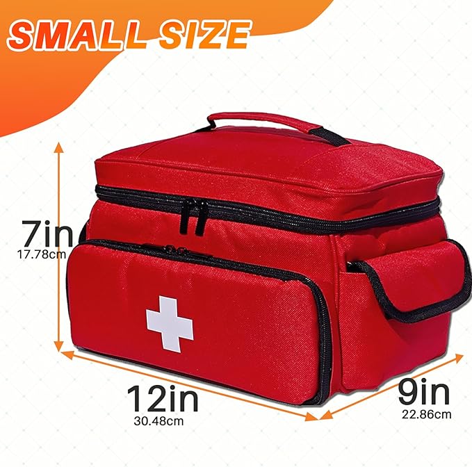 First Aid Bag Empty 12" x 9" x 7" Medical Bag Red Pill Bottle Organizer Portable Emergency Bag Travel Medicine Kit Storage Case First Aid Box for Car, Home, Office, Dorm, Outdoor (Small)