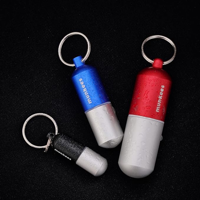 munkees Portable Pill Case Small Waterproof Capsules EDC Keychain, Travel Pill Bottle for Camping, Hiking, Backpacking, Compact Valuables Container for Outdoors 2-Pack