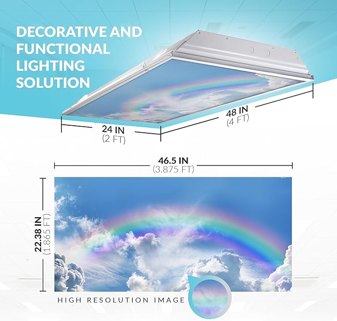 OCTO LIGHTS Fluorescent Light Covers Rainbow Cloud Sky Panel for Ceiling Lights, Light Covers for Ceiling Lights Classroom 2x4 (22.38"x46.5") Backlit Film Insert for Fluorescent Fixtures (Pack of 1)