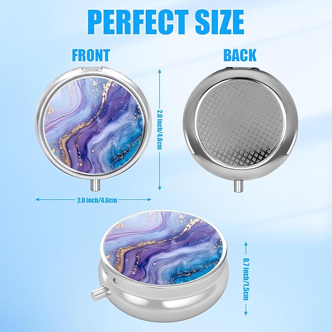 Pill Box, 3 Compartments Small Pill Case Travel Portable Metal Medicine Box with Mirror Mini Container for Purse Pocket Women Men(Purple Blue Marble)