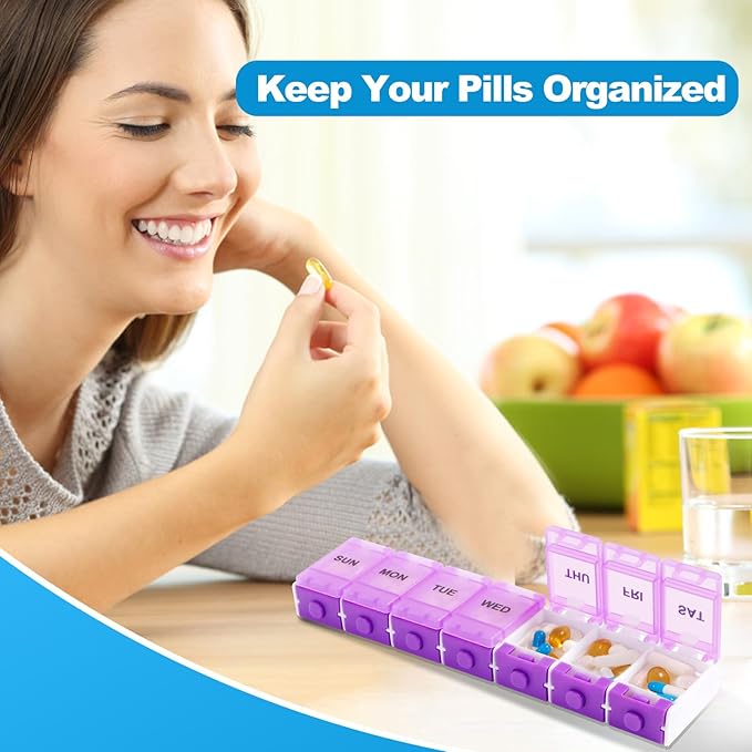 Push Button Weekly Pill Organizer, Medicine Pill Organizer with Label, Pill Box Case 7 Day BPA-Free, Pill Container for Vitamins, Fish Oil, Supplements Medication (Purple)