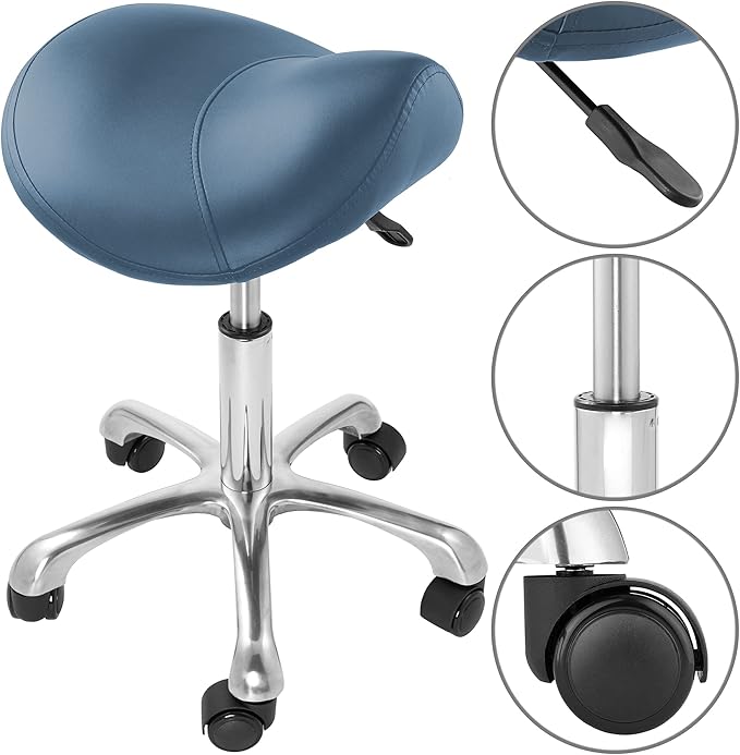 Saloniture Professional Ergonomic Saddle Stool, Blue - Adjustable Hydraulic Seat, Rolling Spa Salon, Massage, and Medical Office Chair with Swivel Wheels