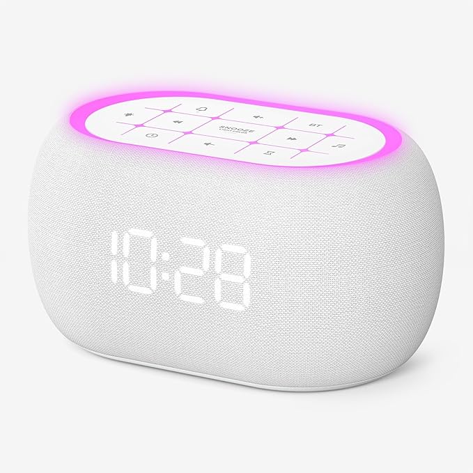 ANJANK White Noise Sound Machine Alarm Clock with Hi-Fi Bluetooth Speaker, 21 Soothing Sounds/7 Night Lights, 0-100% Dimmer/Sleep Timer/Volume Control, Soother for Adults Kids Sleeping, Bedroom, White