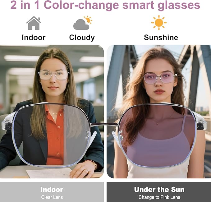Smart Glasses, Blue Light Blocking Glasses for Men and Women, Photochromic Sunglasses, Built-in Mic & Speakers, Hands-Free Calling, Bluetooth Audio Glasses for Work/Travel, Voice Control