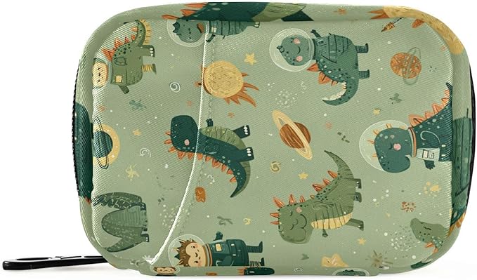 Green Cute Space Dinosaurs Travel Pill Organizer Case Box Container Weekly Portable Vitamin Medicine Holder Storage Bag with Zipper Removable