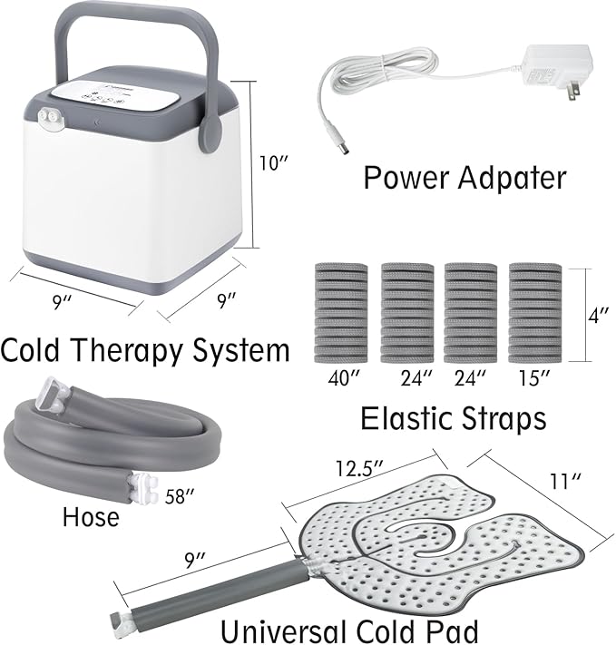 Cold Therapy System, Pain Relief for Post-Surgery Recovery, Programmable Ice Therapy Machine, Continuous Cryotherapy, Universal Pad for Knee, Ankle, Cervical, Back and Leg, Including 4 Straps