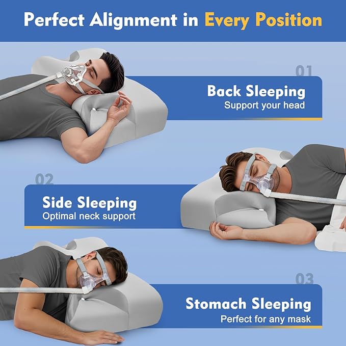 CPAP Cervical Pillow for Side Sleepers – Reduce Mask Air Leaks & Pressure, Ergonomic Neck Support for Pain Relief, Dual-Height Memory Foam Pillow with Cooling Cover for Side, Back & Stomach Sleepers