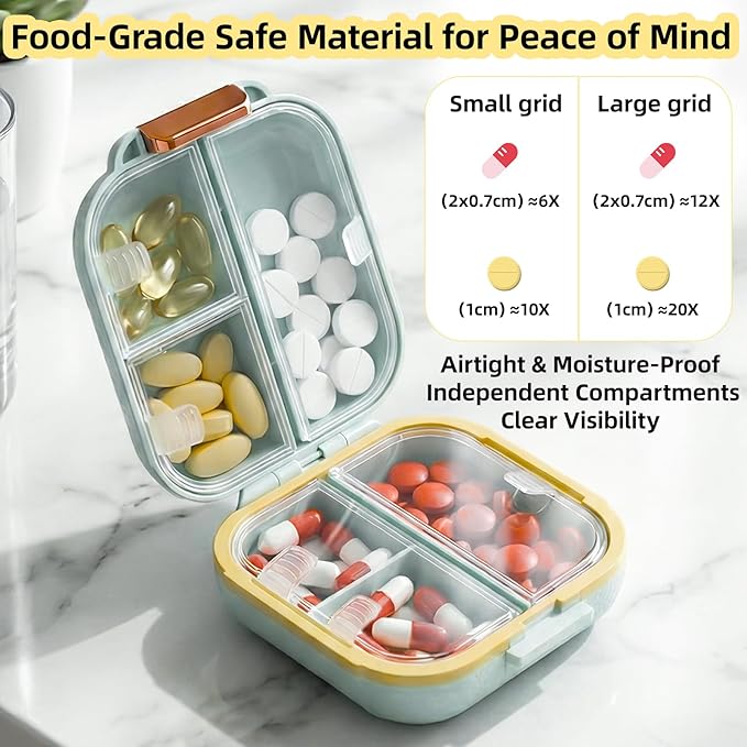 Weekly Pill Organizer 2-Layer 7 Compartments, Airtight Moisture-Proof Pill Box, Food-Grade Portable Travel Pill Case for Pills Capsules Tabs(Green)