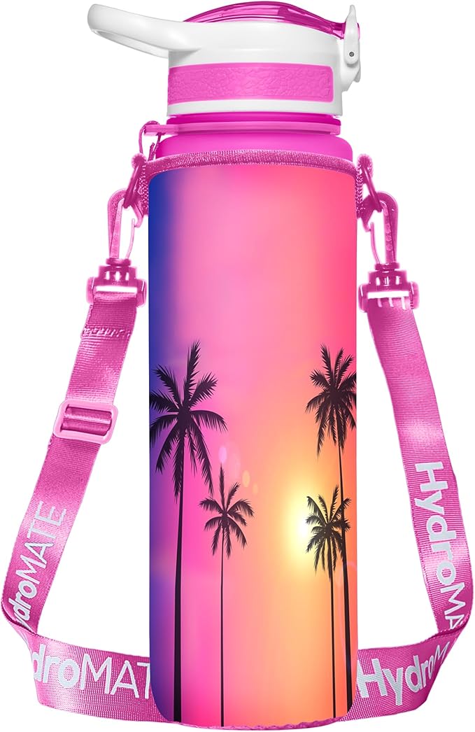 NatureWorks HydroMATE 32 oz Water Bottle with Time Markings Hourly BPA Free Reusable Leak Proof with Straw and Carrying Sleeve 1 Liter