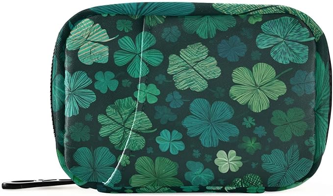 Green Vintage St Patrick's Day Clover Travel Pill Organizer Case Box Container Weekly Portable Vitamin Medicine Holder Storage Bag with Zipper Removable
