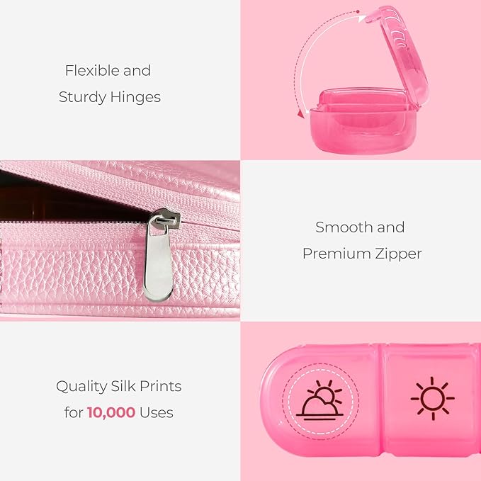 Cute Pill Organizer 3 Times a Day, Large Daily Pill Case for Women, Portable Pill Box 7 Day for Purse with Bag & Zipper to Hold Vitamins, Medications, Fish Oils, Supplements (Pink)