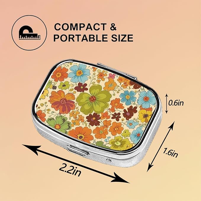 Square Pill Case Small Pill Box with Mirror Pocket 2 Compartment Vitamin Pill Medicine Case Organizer Pill Containers for Traveling Vintage Flower Petals One