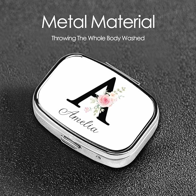 Custom Pill Box Personalized Square Small Pill Case with Mirror Add Your Photo Text Logo Name Decorative 2 Compartment Portable Metal Medicine Container Vitamin Organizer for Pocket Purse Travel (A)