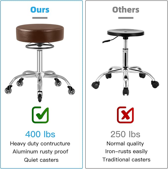 Rolling Stool with Wheels 400lbs Weight Capacity,Heavy Duty Lash Chair Adjustable for Tatoo Lab Massage Salon Spa Drafting Nail Teach,360 Swivel,Leather,Thick Seat Padding (Brown)
