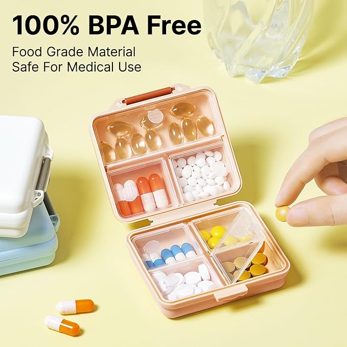 1 Pack Travel Pill Organizer,Portable Daily Pill Box,7 Grid Compartments Weekly Pill Case with Lables,Mini Medicine Organizer Box,Compact Pocket Pharmacy for Purse Vitamin Fish Oil Container (Pink)