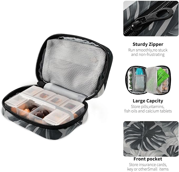 Travel Pill Case Tropical Grey Palm Leaf Monsterra Weekly Small Pill Box 7 Day Pill Box Pill Organizer Bag