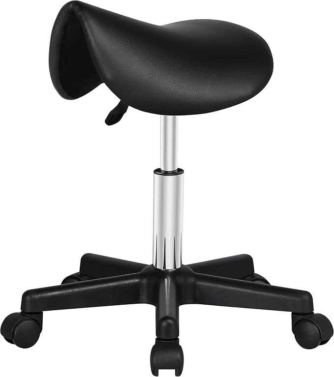Yaheetech Saddle Stool Rolling Saddle Chair with Wheels Swivel Adjustable Stools for Hair Stylist/Lash Tech PU Leather Tattoo Massage Chair, Black