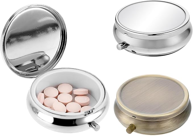 2Pcs Pill Box Small Pill Case for Purse or Pocket, Portable Cute Pill Container Metal Pill Box Decorative Medicine, Vitamin, Fish Oil and Supplements Holder Organizer