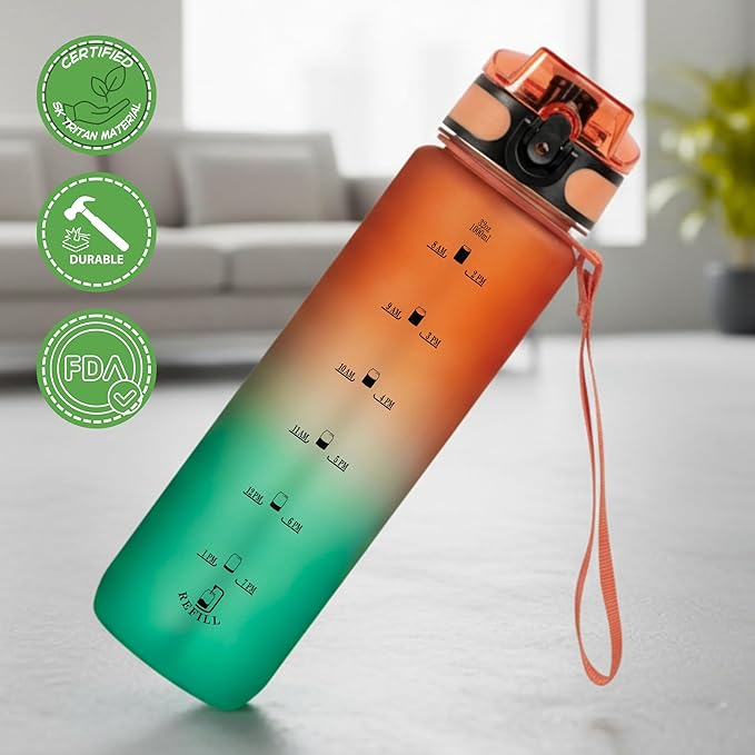 Motivational Water Bottle with Time Marker – BPA/BPS-Free Tritan Bottle – Leak-Proof Design with Straw & Fast Flow Lids – Perfect for Gym, Outdoor Sports, and Fitness (Gradient Orange/Green)