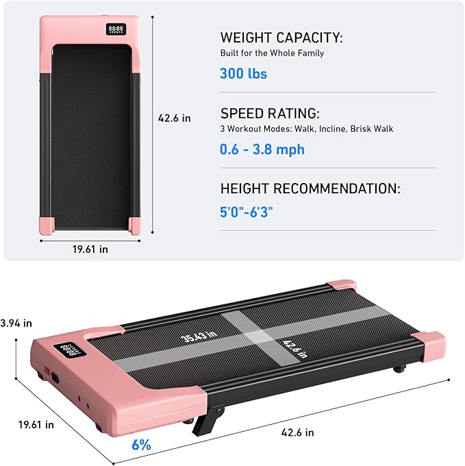 DeerRun Under Desk Walking Pad Treadmill for Home & Office, 6% Manual Incline, 2.5 HP, 0.6–3.8 MPH Walking Speed, 300 lb Capacity, App & Remote Control