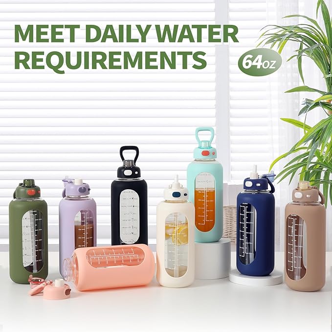 SIEROZUR 42 oz Glass Water Bottle with Straw and Handle Half Gallon Large Water Bottle with Silicone Sleeve and Time Marker Sports Water Jug Wide Mouth for Travel Gym